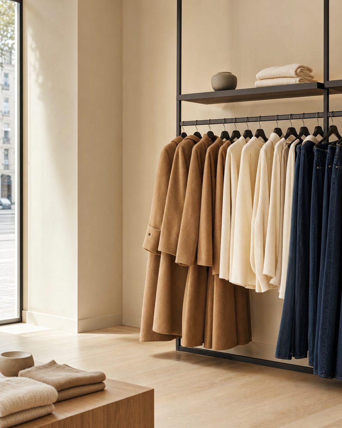 Interiør fra Trent & Trent med camelfrakker, strikk og denim på svarte stenger