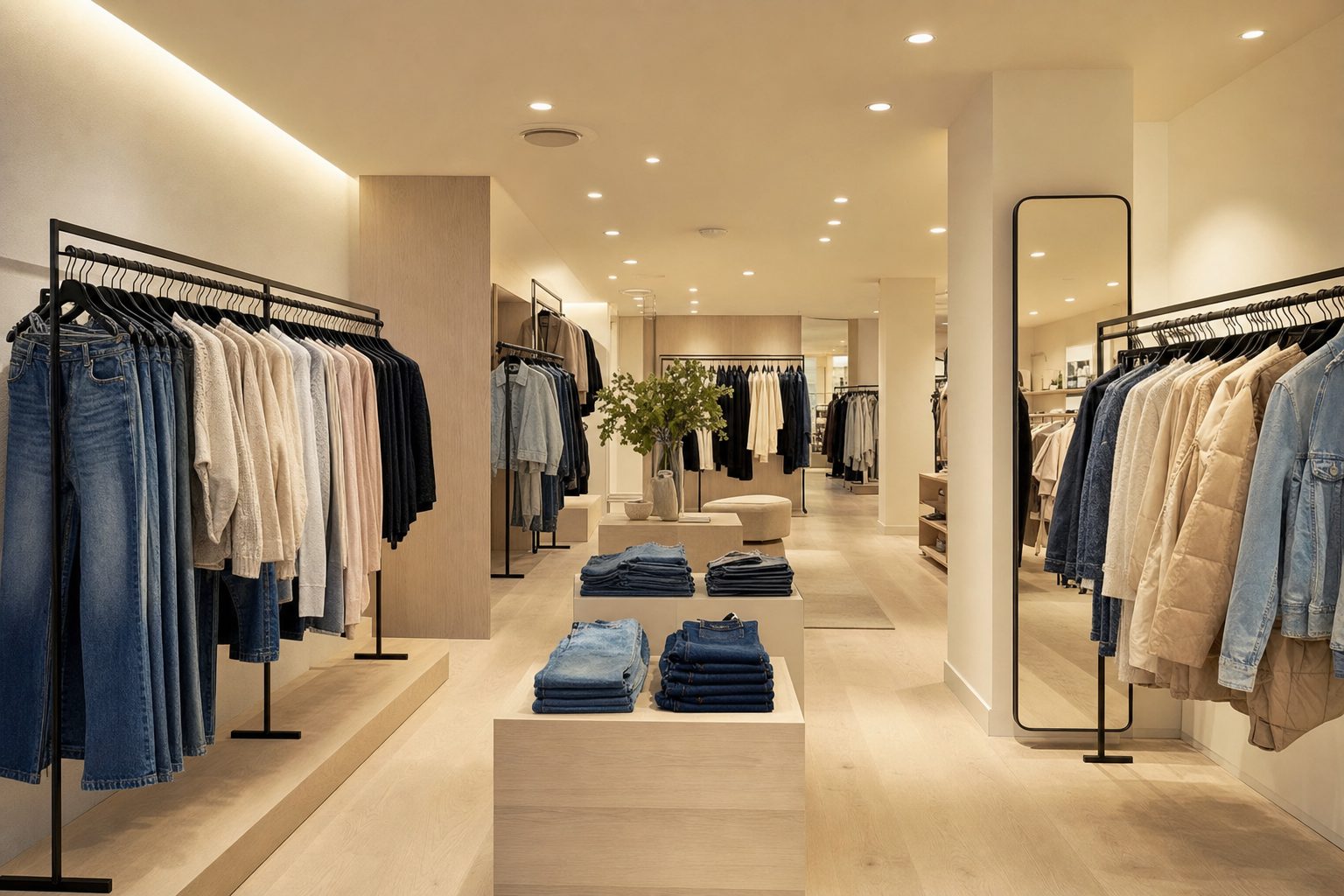 Moderne butikkinteriør i lys eik med denim, strikk og jakker